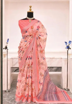 VCREATION Digital Print Bollywood Cotton Linen Saree(Multicolor)