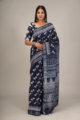 Kiaaron Hand Painted, Printed, Self Design, Blocked Printed Ikkat Linen Saree(Blue)