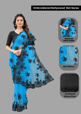 Barkiya Creation Embroidered Bollywood Net Saree(Blue)
