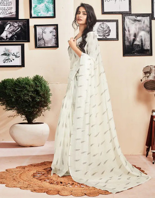 HouseOfCommon Geometric Print Bollywood Cotton Linen Saree(White)