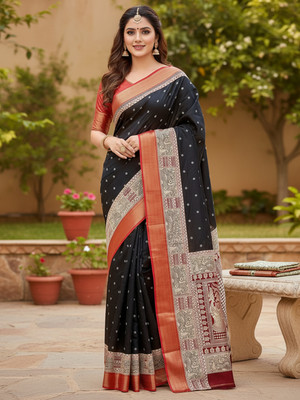 Peachmode Printed Bollywood Silk Blend Saree(Black)