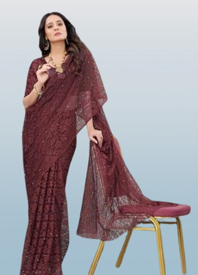 SwiftStyle Solid/Plain Bollywood Net Saree(Brown)