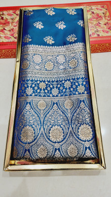 Ansari Fabrics Woven Banarasi Handloom Satin Saree(Light Blue)
