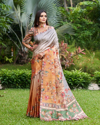 RekhaManiyar Printed Bollywood Pure Silk Saree(Orange)