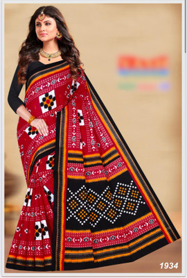Sumit Textiles Digital Print Sambalpuri Cotton Blend Saree(Red, Black)