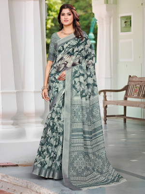 Anouk Rustic Digital Print Hand Batik Cotton Linen Saree(Green)