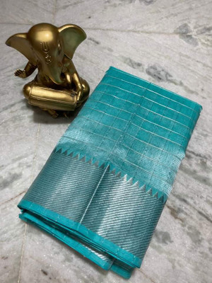 Zafreen Handloom Checkered, Woven Bhagalpuri Cotton Silk Saree(White)