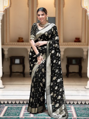 ZILVIRA Woven Kanjivaram Pure Silk, Silk Blend Saree(Black)