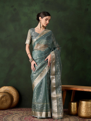 Sangria Woven Saree with Attached Blouse Organza Saree(Green)