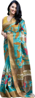 Rashmiwala Floral Print Daily Wear Tussar Silk Saree(Blue)