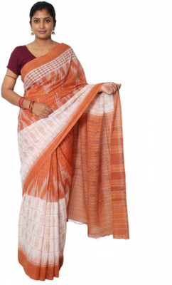 Sharxmi Legacy Woven, Striped, Temple Border Handloom Cotton Jute Saree(Orange, White)