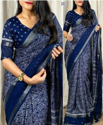 S.R.TEXTILES Printed Bollywood Cotton Silk Saree(Dark Blue)