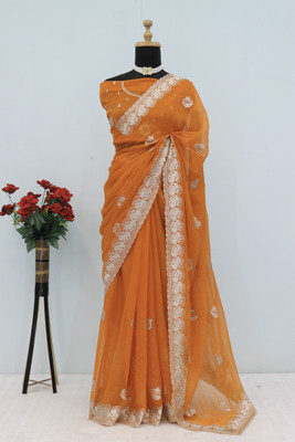 Dk Trendz Embroidered Bollywood Organza Saree(Gold)