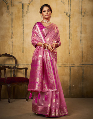 Satrani Woven, Embellished Banarasi Pure Silk, Jacquard Saree(Pink, Multicolor)