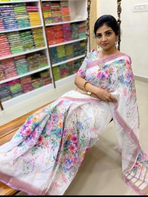 Saaransh Striped, Printed, Digital Print Bollywood Linen, Cotton Linen Saree(White)