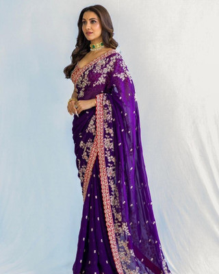 GOLDOLL FAB Embroidered Bollywood Silk Blend Saree(Purple)