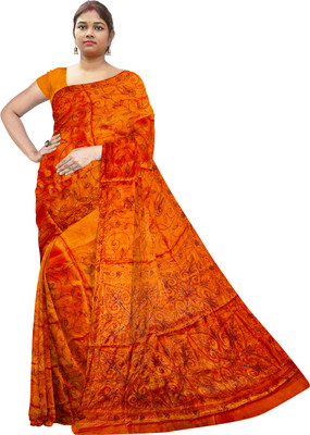 SHRISTI CLOTHINGS Printed Kantha Silk Blend Saree(Orange)