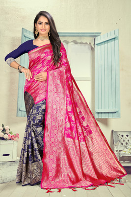 VARNI DESIGNER HUB Floral Print Banarasi Silk Blend Saree(Pink)