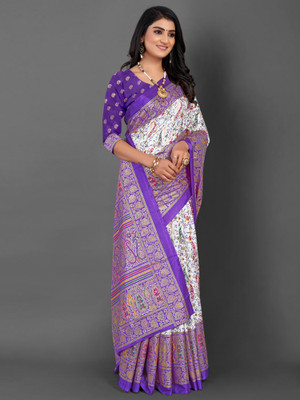 Divastri Printed Daily Wear Silk Blend Saree(White)