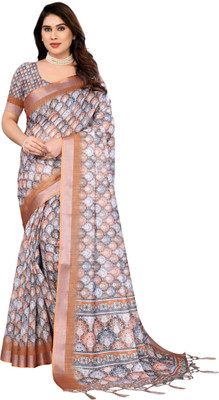 Myraani Floral Print Daily Wear Cotton Linen Saree(Brown)