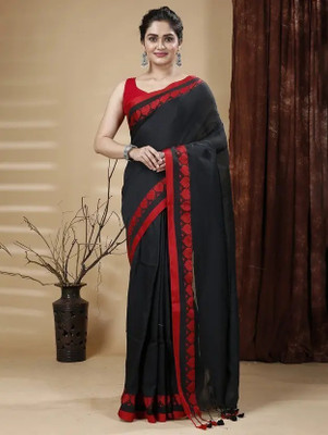 makalitraders Solid/Plain Handloom Cotton Blend Saree(White)