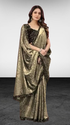 HouseOfCommon Floral Print Bollywood Lycra Blend Saree(Gold)