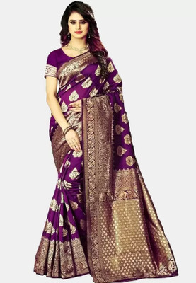 Pdfabrics Woven Kanjivaram Cotton Silk Saree(Purple)