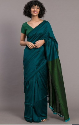 sourav biswas Self Design, Woven, Solid/Plain Daily Wear Cotton Silk Saree(Dark Green)