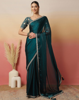 Satrani Embroidered, Solid/Plain Bollywood Chiffon, Jimmy choo Saree(Green)