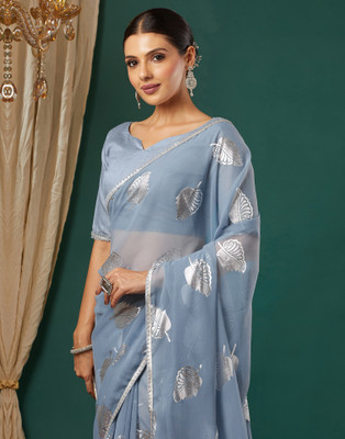 Samah Printed, Embellished Bollywood Georgette Saree(Grey)
