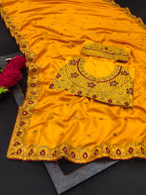 Vraj Textile Embroidered Chinnalapattu Pure Silk Saree(Mustard)