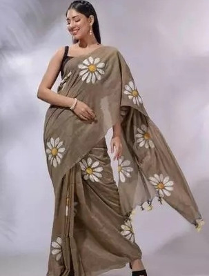 SAYAN CREATION Floral Print Handloom Pure Cotton Saree(Brown)