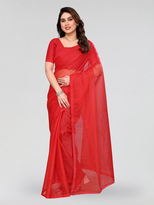 Moda Rapido Solid/Plain Bollywood Net Saree(Red)