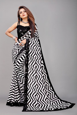 Flip The Style Printed Bollywood Georgette Saree(White, Black)