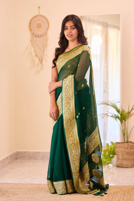 GATISHVAM TEXTILE Woven Banarasi Art Silk Saree(Dark Green)