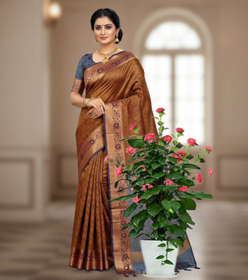 Linenspun Printed Kanjivaram Linen, Art Silk Saree(Brown)