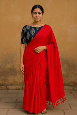 SMRITI HANDLOOM Solid/Plain Handloom Handloom Pure Cotton Saree(Red)