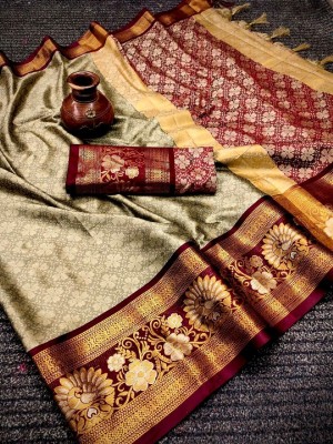 A To Z Cart Solid/Plain Banarasi Cotton Silk Saree(Beige, Brown)