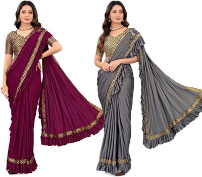 Treshpino Temple Border Bollywood Lycra Blend Saree(Pack of 2, Maroon, Grey)