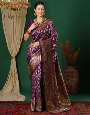 Samah Woven, Embellished, Self Design Banarasi Silk Blend, Jacquard Saree(Magenta, Gold)