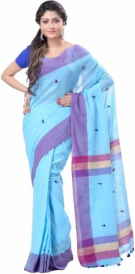 Krishneshwari Woven Handloom Pure Cotton Saree(Light Blue)