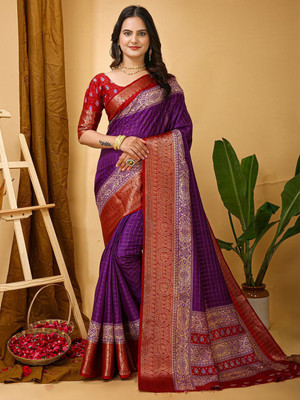 Anouk Rustic Printed Tant Silk Blend Saree(Purple)
