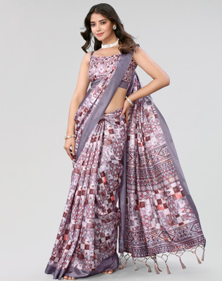 Nirvaan Printed Mysore Art Silk Saree(Grey)