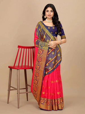 ETHNICHITZ Woven Kanjivaram Pure Silk, Art Silk Saree(Pink, Dark Blue)
