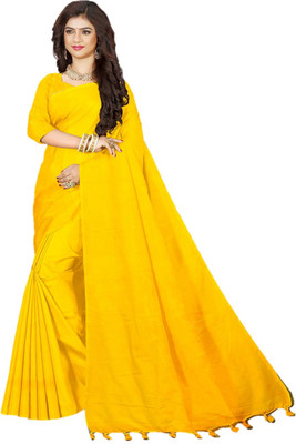 Monde Avenir Solid/Plain Handloom Handloom Pure Cotton Saree(Yellow)