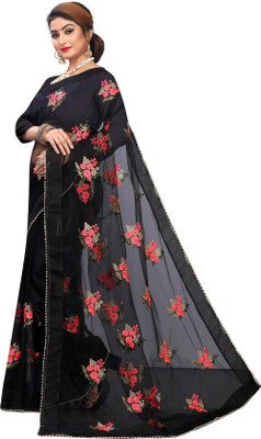 MYSTERY BOX Embroidered Bollywood Net Saree(Black)