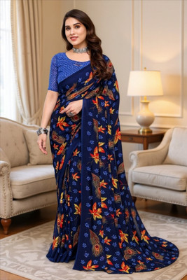 SmittenSmit Printed Bollywood Georgette Saree(Blue)