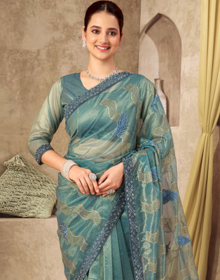 Satrani Embellished, Embroidered Bollywood Net, Lace Saree(Blue)