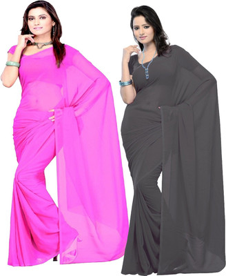 FANCYNINE Self Design Bollywood Georgette Saree(Pack of 2, Black, Pink)