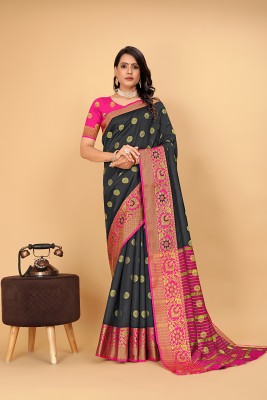 Pionex Woven Banarasi Cotton Silk Saree(Black)